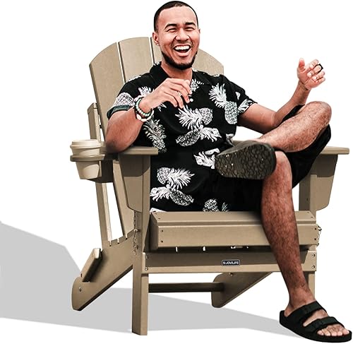 Miniatura 1 de Jovilife Silla Adirondack plegable marrón HDPE para exteriores, fácil y compacto, soporte de bebidas de resina, resistente a todo tipo de clima, 350
