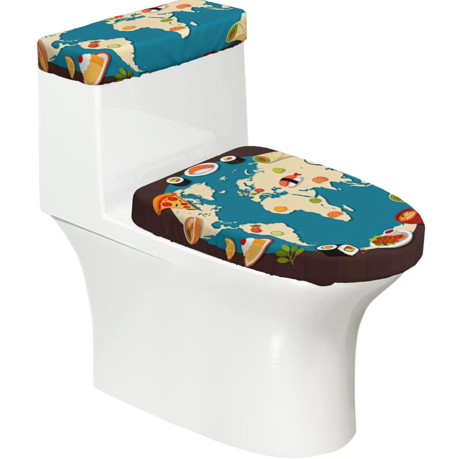 Cntdbu Black World Food Map Elastic Toilet Cover Set Of 2-Stretchy Lid And Tank Covers For Bathroom, Soft Washable U Shape Toilet Decor