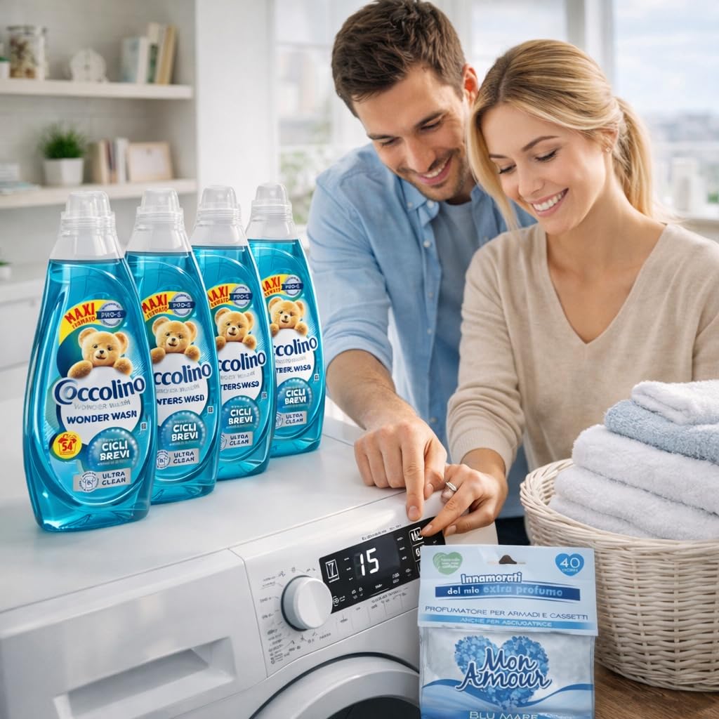 Coccolino Wonder Wash Ultra Clean 4 x 54 Lavaggi (216 Totali) – Detersivo Liquido Lavatrice 2160 ml x4 – Ideale per Cicli Brevi – Maxi Scorta Convenienza + Profumatore Mon Amour in Omaggio