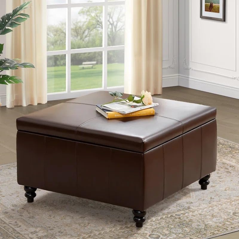 Aimee-Lee Leather Storage Ottoman Bench Storage Chest Foot Rest Stool Bedroom Bench with Storage (Brown Leather)-image-12