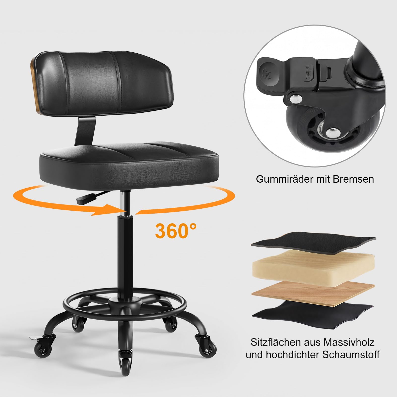 Rollhocker HöHenverstellbar, Bürohocker Ergonomisch,Arbeitshocker, Drehhocker 360°,Mit Rückenlehne Pu-Sitzpolsterung Für Spa Zeichnung Salon Arbeit Büro Bar Studio Labor Black