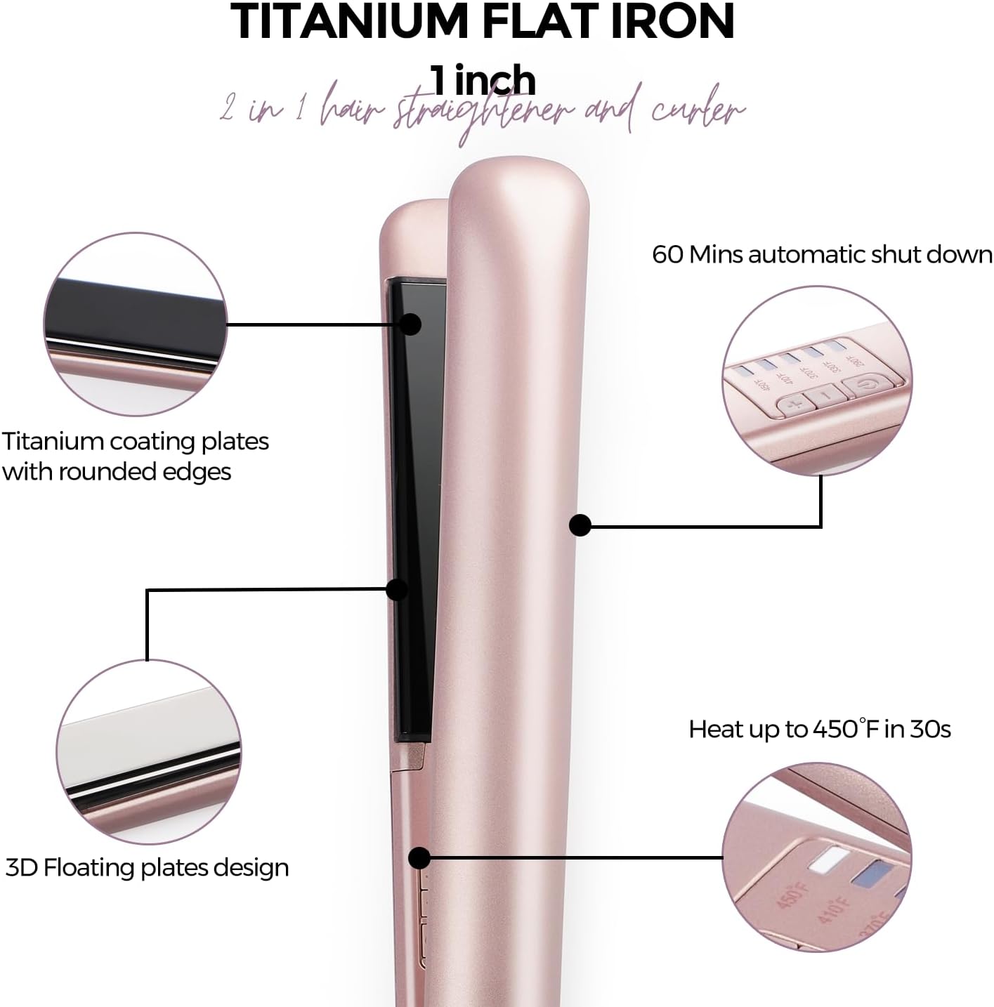 Titanium Flat Iron Hair Straightener, 1 Inch Fast Heating Dual Voltage Styling Tool, 2 in 1 Straightener & Curler for All Hair Types, Pink - Image 2