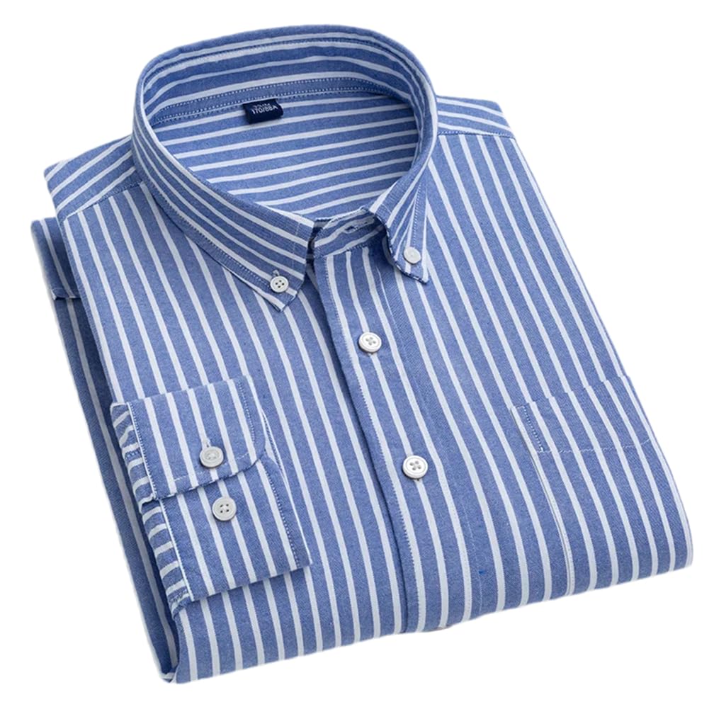 Adhdyuud Camisa de algodón Oxford a rayas para hombre, casual, de negocios, manga larga, a cuadros, ajuste regular, con bolsillo