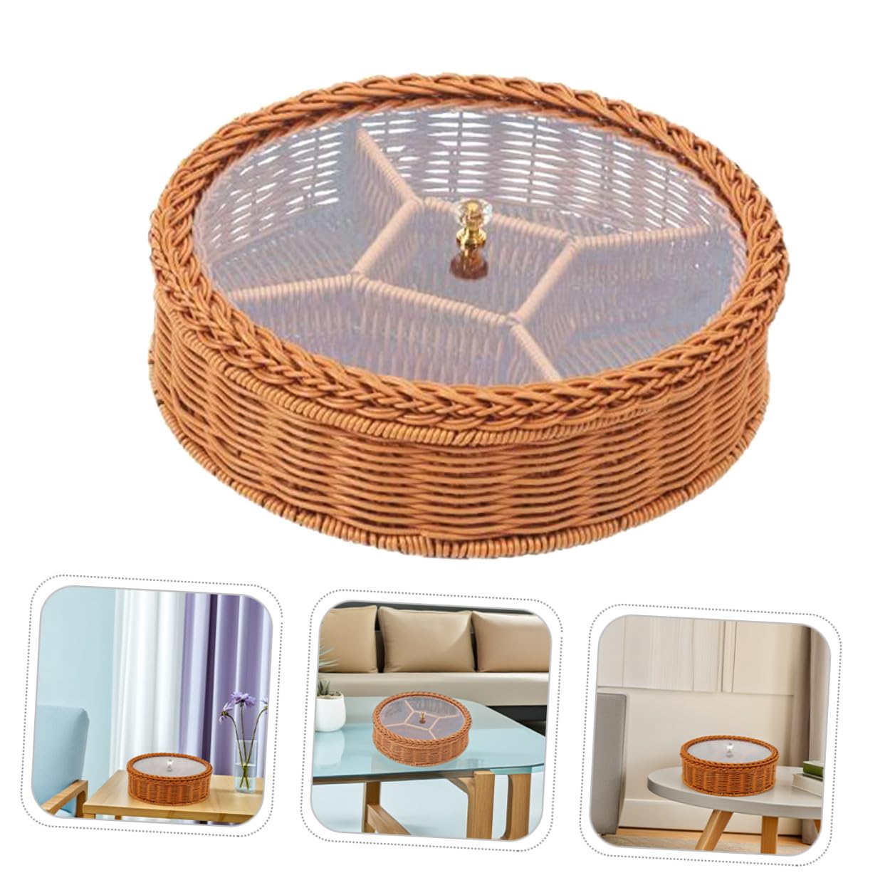 Plateau Compartimenté à Noix et Fruits Secs avec Couvercle Transparent en Plastique Tressé Main, Salon Bureau, Organisation Snacks et Apéritifs Polyvalente