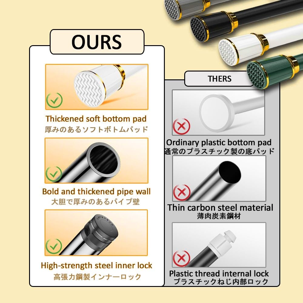 Tringle à rideaux réglable sans perçage pour fenêtres et douches, extensible de 39,4 cm à 500 cm, facile à installer, décoration d'intérieur polyvalente en jaune, parfaite pour n'importe quelle pièce