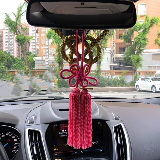 Car interior - 1Set Junction Produce JDM Fusa Kiku Knot Match Gold Kin Tsuna Rope JP Badge For Car Auto Rearview Mirror Fastening (Gold Rose Red Set)