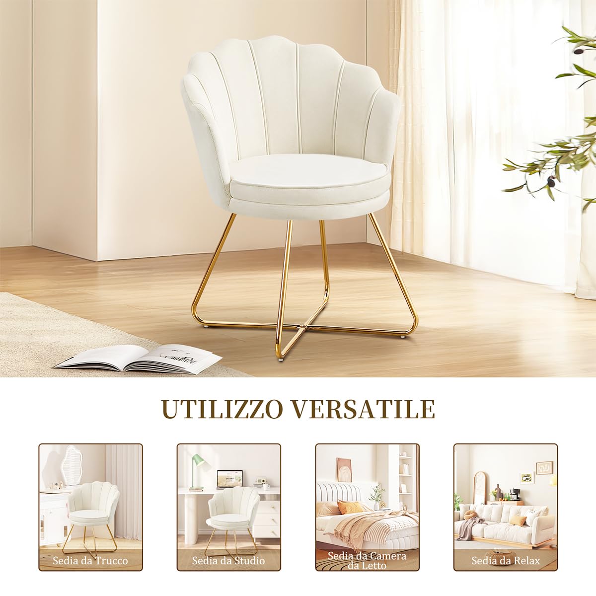 Hellove Sedia Trucco, Poltrona Conchiglia in Velluto con Placcato Oro Metallo Gambe, Moderno Poltrona Salotto con Seduta Morbida Imbottita per Camera da letto/Soggiorno/Vanità, Beige