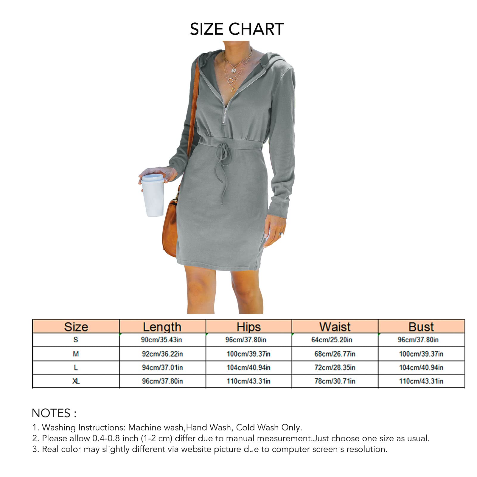 Robe Pull à Capuche Femme Manches Longues Sweat Décontracté Col en V Fermeture éclair Taille Cordon pour Dames Filles Gris