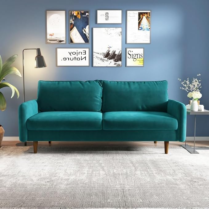 Image of Morrone Velvet Loveseat 3-Seater Sofa, Modern Upholstered Couch for Living Room, Bedroom and Office, Plush Cushion Accent Seating Furniture (Teal, 3 Seater)