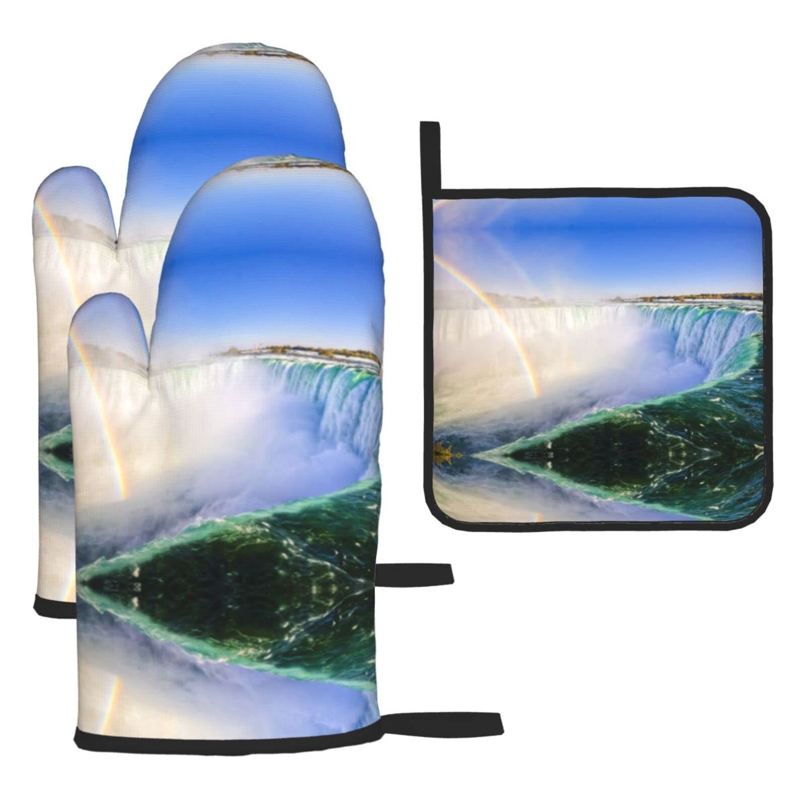 Waterfall and Rainbow Oven Mitts and Pot Holder Kitchen Set for Grilling, Cooking, Baking, Heat Resistant