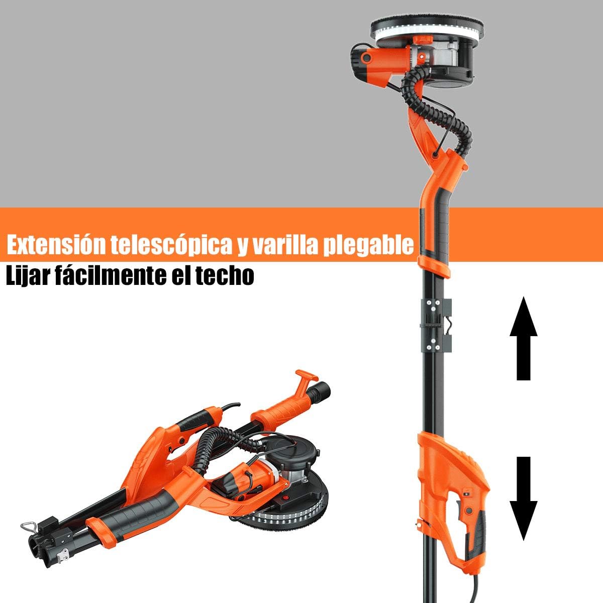 COSTWAY Lijadora de Techo Electrica de Pared, Lijadora Profesional Ø225mm/800-1750 RPM/ 750W /12 Discos de Lijado y LED, Naranja + Negro