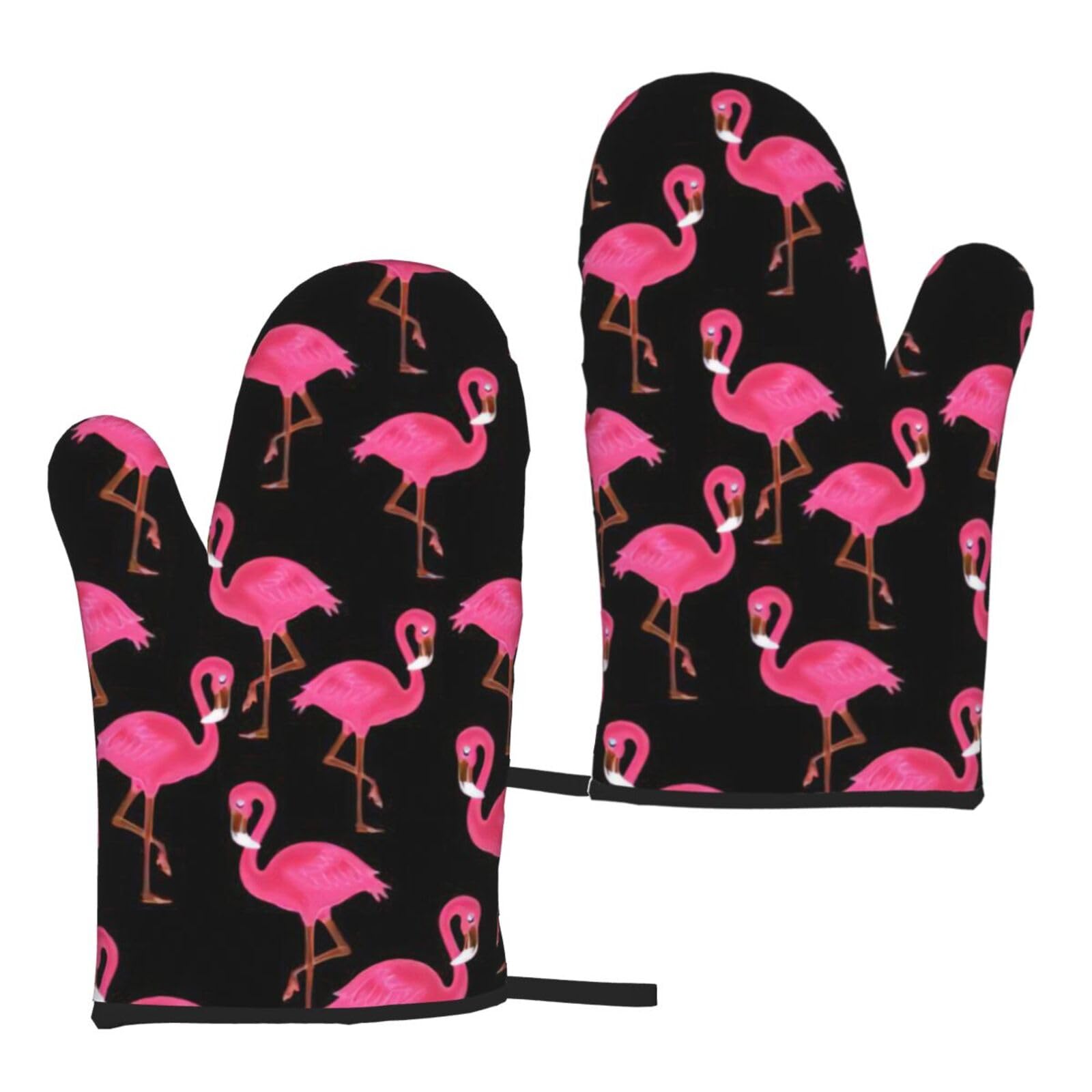 Nimongt Women's Black Lovely Pink Flamingos Print Adults Universal Fit Heat Resistant Oven Gloves Reusable Cooking Outdoor Grilling