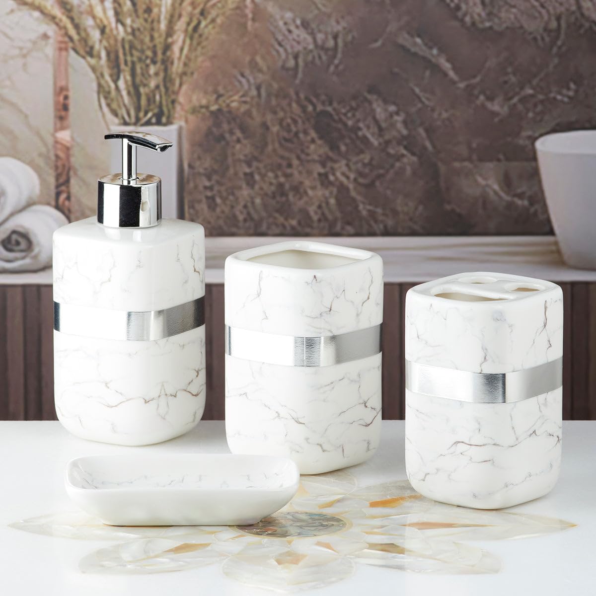 SaSaSa Ceramic Bathroom Accessories Set of 4 Modern Bath Set with Soap Dispenser & Toothbrush Holder, Luxury Home & Gift Idea, White/Silver (10111)