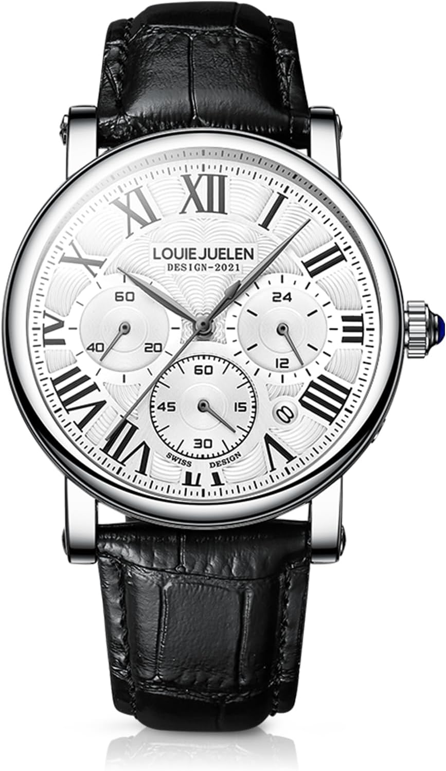 Men's Stainless Steel Business Sub Dials Watch, Multifunction Quartz Movement Chronograph Roman Numerals Analog Calendar Date Waterproof Leather Band Wristwatch, Formal Dress Gift Watch for Men