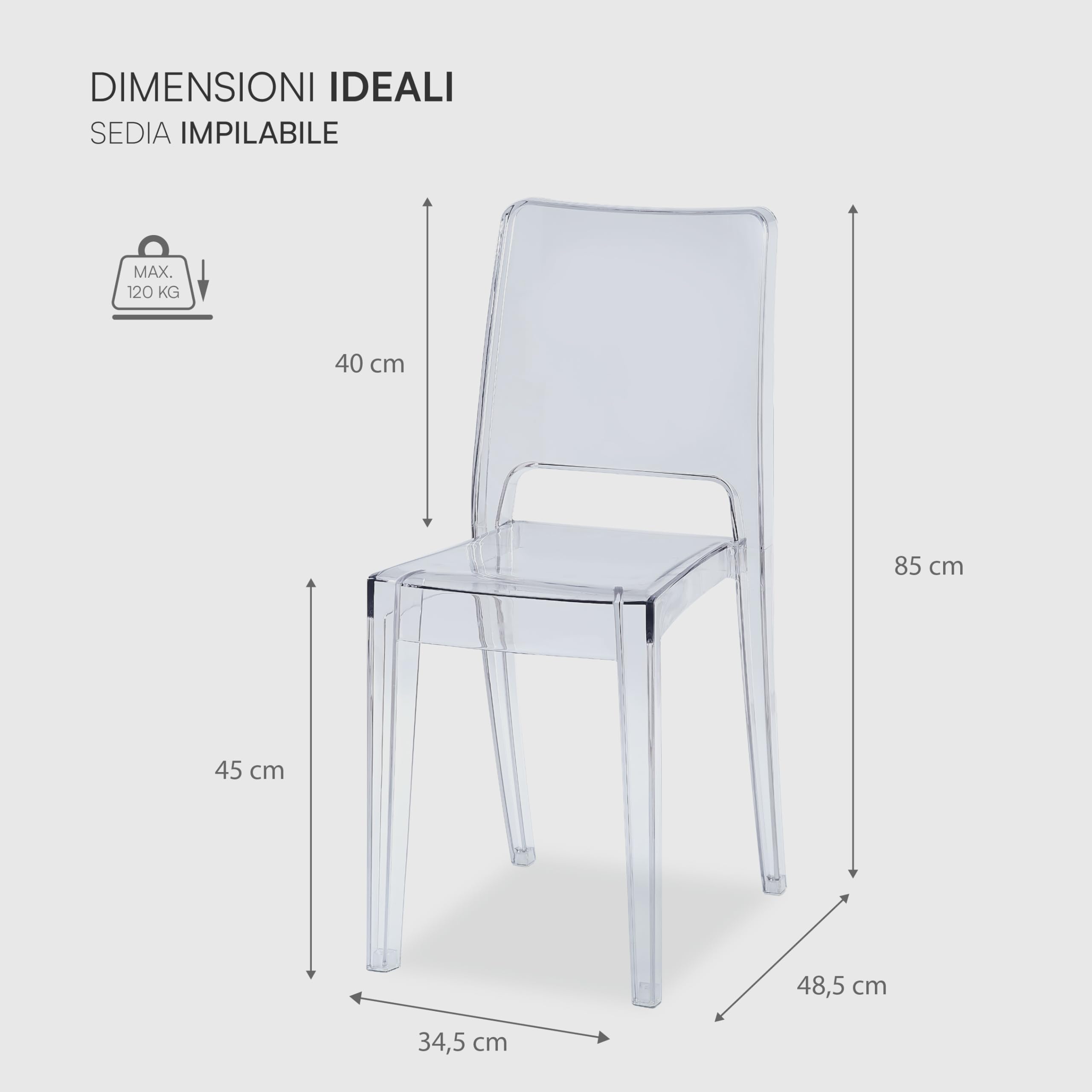 Baroni Home Set 4 Sedie Trasparenti, Sedie Impilabili Moderne, Leggere e Resistenti, Gommini Antiscivolo, Sala da Pranzo, 34,5x48,5x85 cm, Trasparente