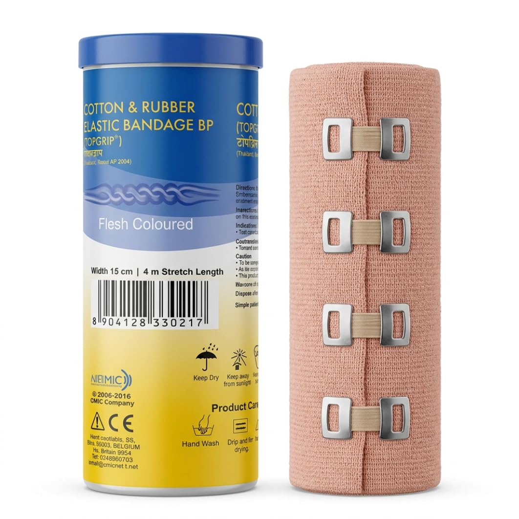 Top Grip Cotton & Rubber Elastic Bandage 15 cm x 4 m Stretch Length Pack of 1 | High Compression Crepe Bandage for Sprains, Strains, Sports Injuries, Joint Support, Swelling Relief & Dressing Retention