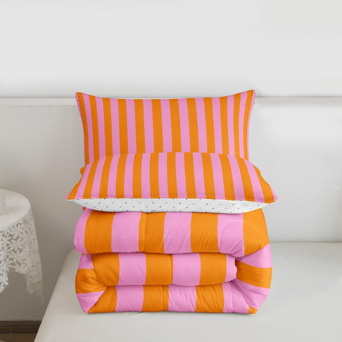 Kids Pink Orange Bedding Set Queen Size Abstract Duvet Quilt for Boys Girls Teens Bedroom Decor Stripes Comforter Set Breathable Soft Lightweight Microfiber Women Men Geometric With 2 Pillow Case