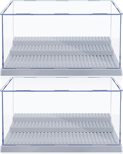 Paquete de 2 vitrinas para bloques de figuras de acción de minifiguras, caja de almacenamiento de minifiguras acrílicas con 3 escalones movibles,