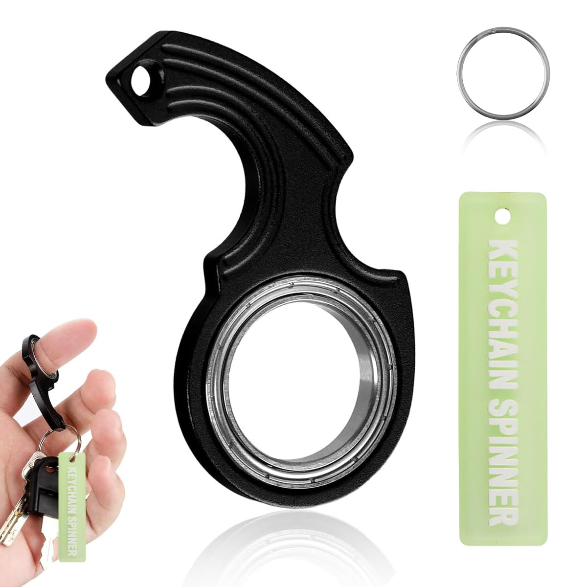 Zibuyu HASTHIP Whirling Key Chain Glow-in-The-Dark Letter Embossed Label Charm Keyring Metal Fidget Anxiety Relief Small Gadget Gift for Men Women, Black