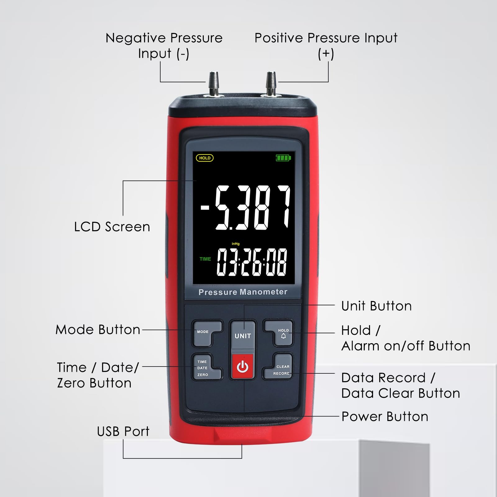 Manometro Digitale Differenziale 13 Unità bar mbar kPa psi per Aria e Gas, Tester HVAC con Gamma di Misura ±50 kPa, Registrazione Dati per Pneumatica, Compressori, Valvole e Serbatoi