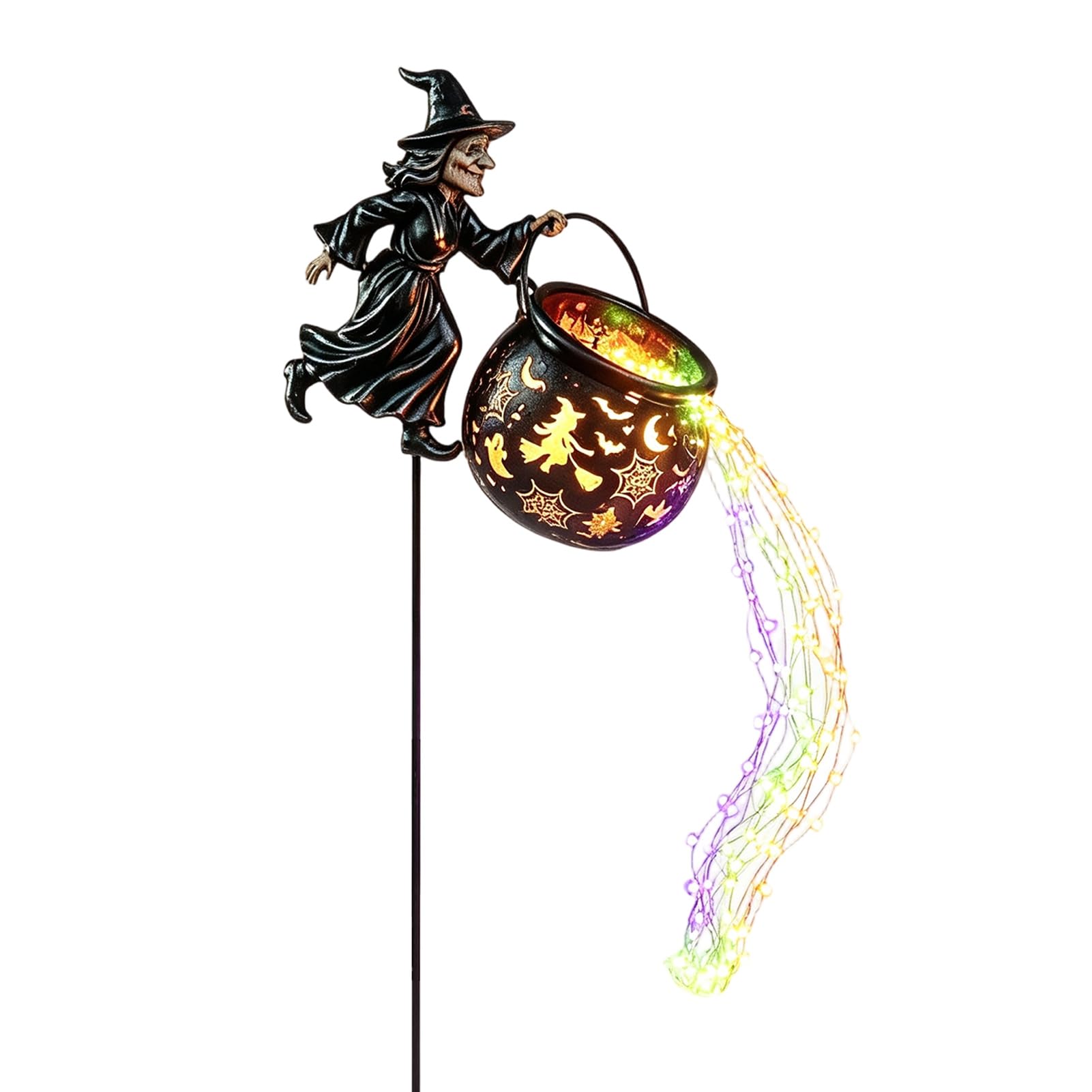 Pasisuu Halloween Witch Cauldron Yard Light Flying Silhouette Garden Stake
