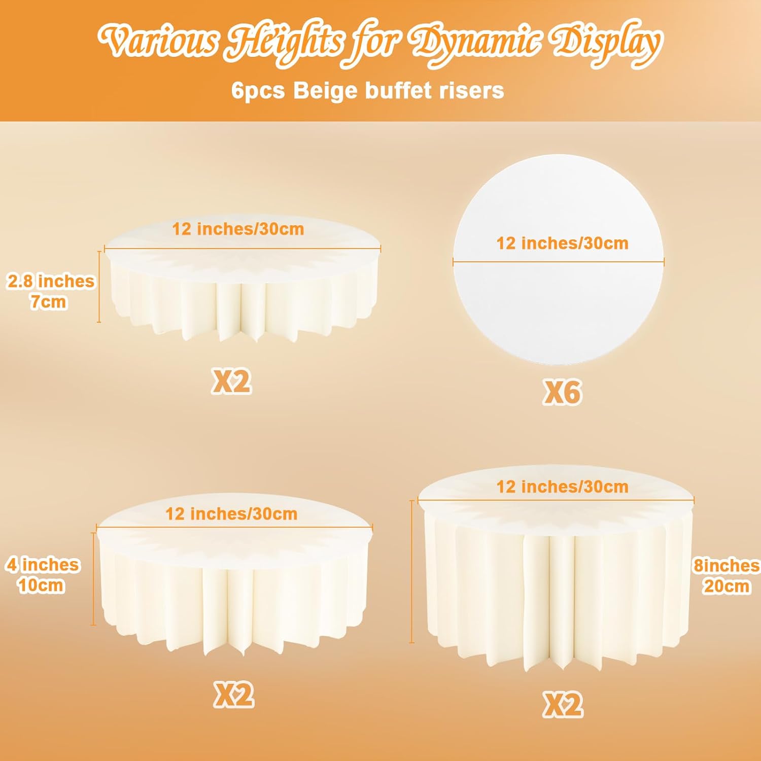 6 Pack Beige Buffet Risers - Foldable Paper Risers Display Stands with Acrylic Top - Sturdy Cardboard Cylinder for Wedding Cake Stand, Party and Catering - Honeycomb Dessert Table Set