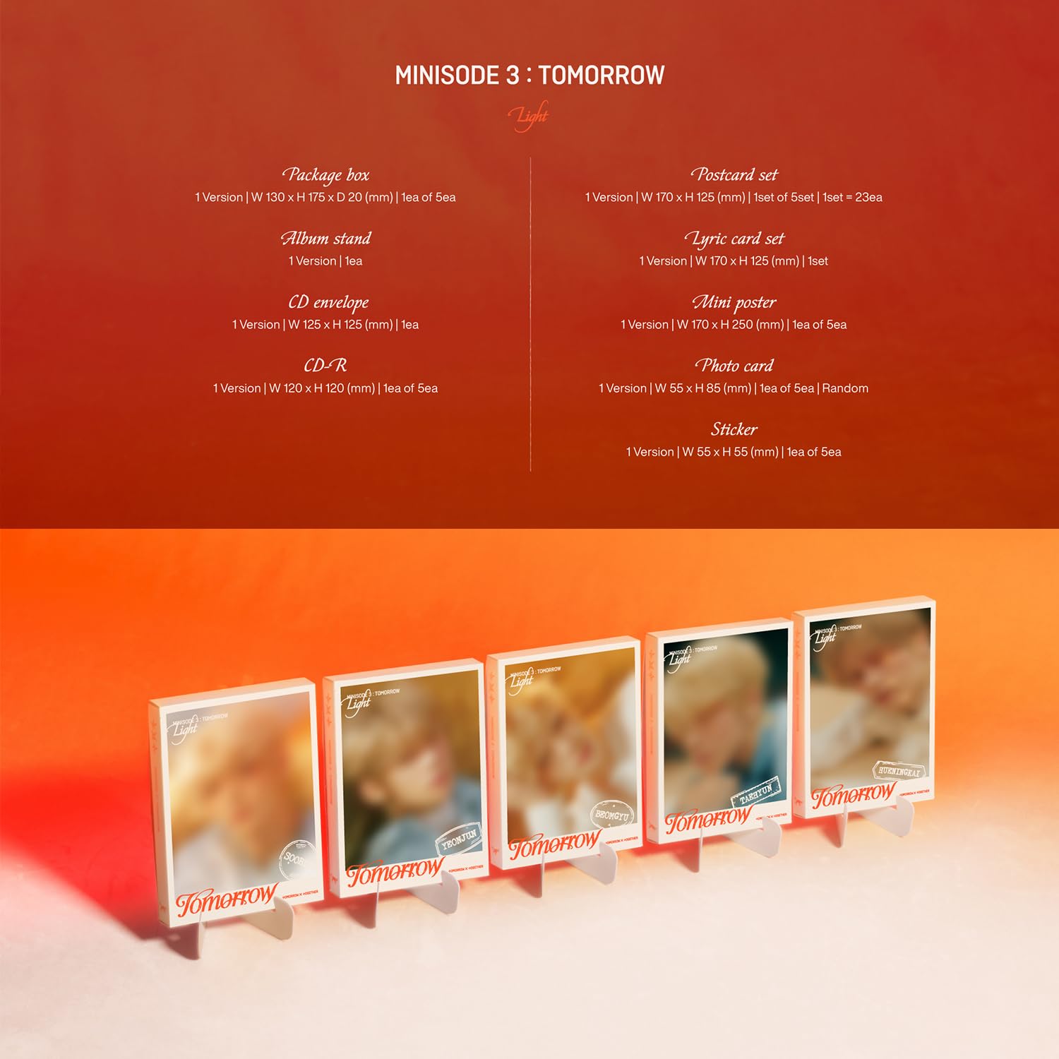 TXT - [MINISODE 3 : TOMORROW] (Light Ver.) Package Box + Album Stand Envelope R + Postcard Set + Lyric Card Set + Mini Poster + Photo Card + Sticker + 5 Extra Photocards