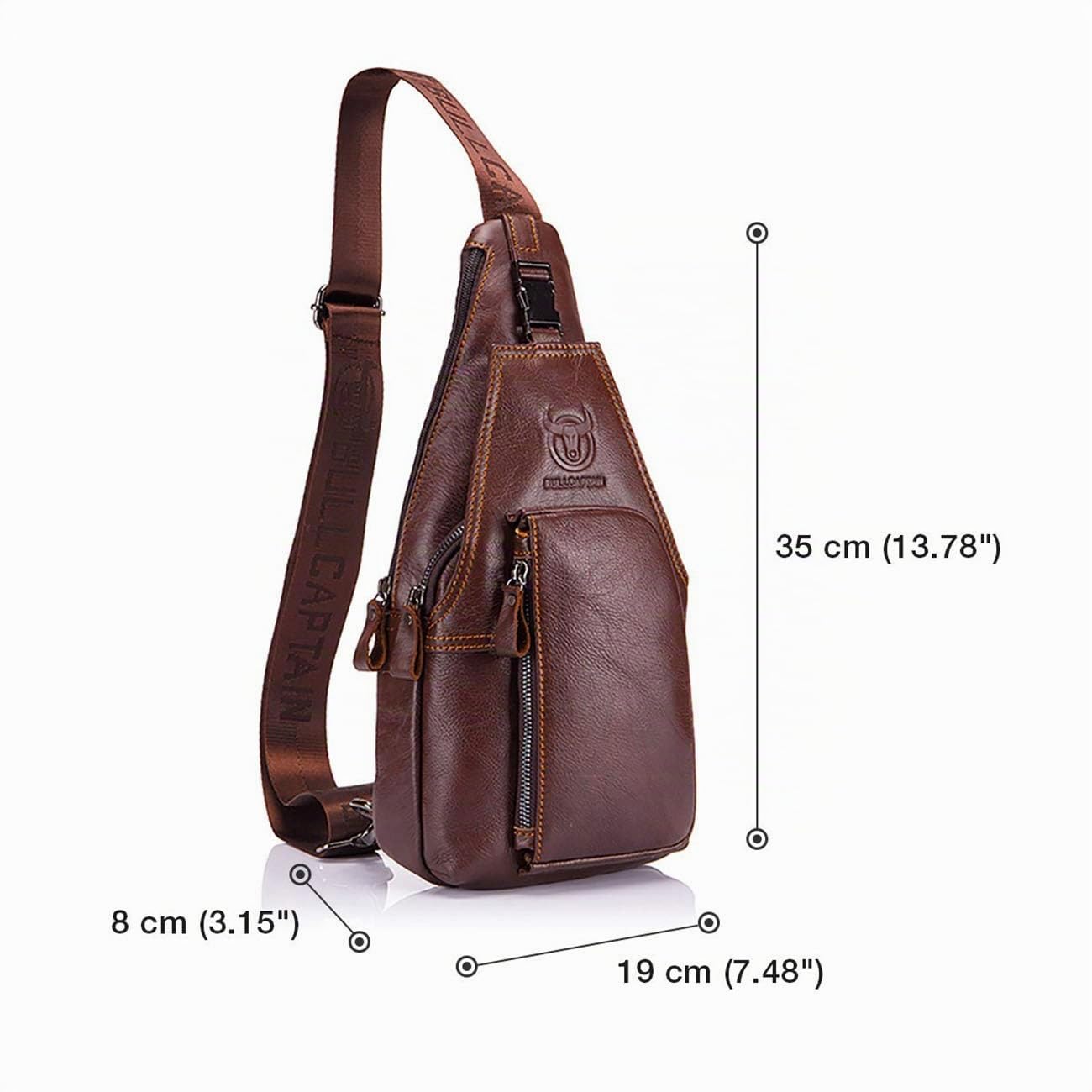BULLCAPTAIN Bolso Hombres de Pecho Bolsa Bandolera, Mochila de Cuero Autentico Bolsos de Mochila Mochila Messenger Bag Daypack para el Negocio Casual Sport Hiking Travel Marrón