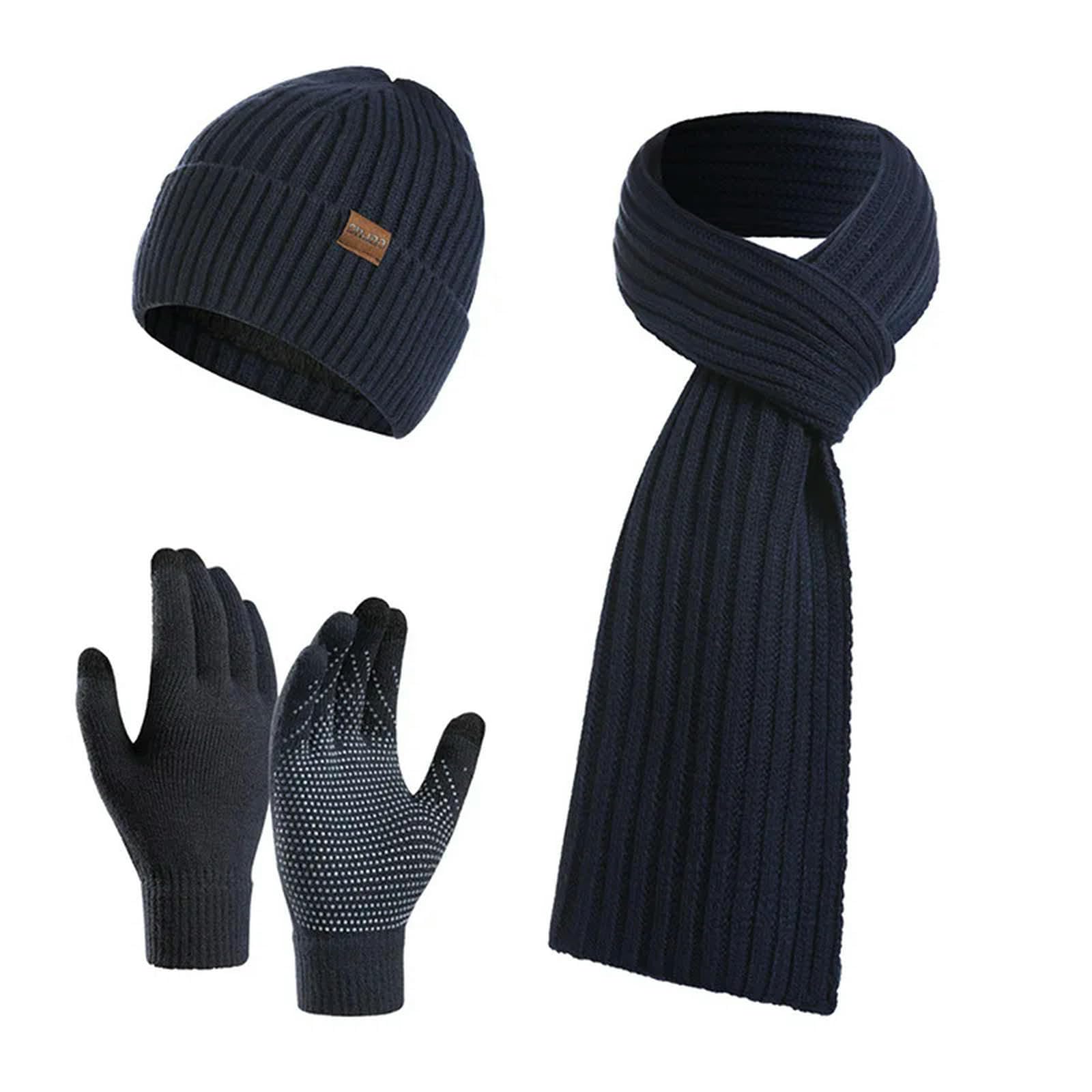 Schal Mütze Handschuh Set Winter Festkolonfarbener Gestrickter Hut Für Männer Und Frauen, Vielseitiges Geschäft Warmer Hut, Touchscreenhandschuhe