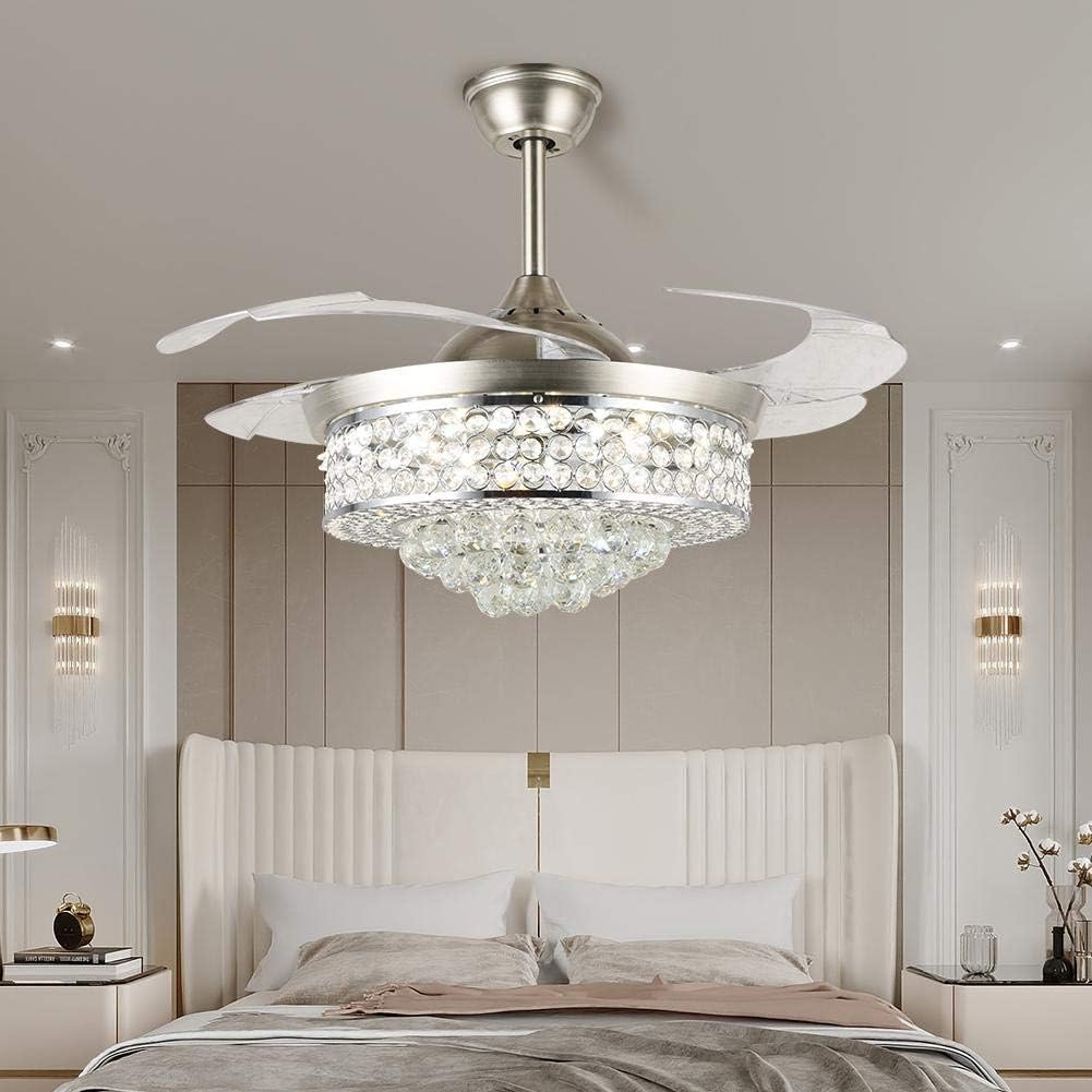 A Million 42" Crystal Ceiling Fan with Light Retractable Blades Brushed Nickel Modern LED Chandelier Remote 3 Colors 3 Speeds Change Silent Ceiling Fans Light