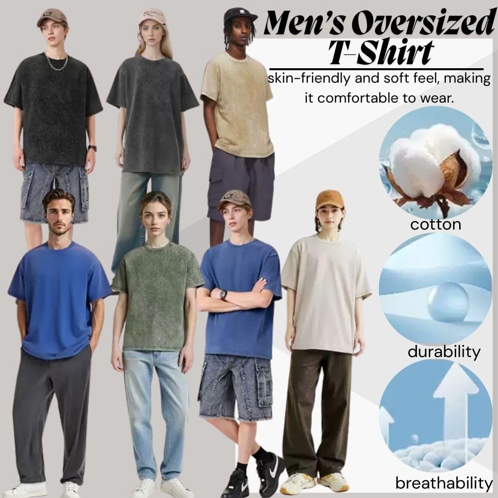 Maglietta oversize da uomo, confezione da 3, in cotone, estiva, retrò, lavata, alla moda, hip hop, vintage, casual