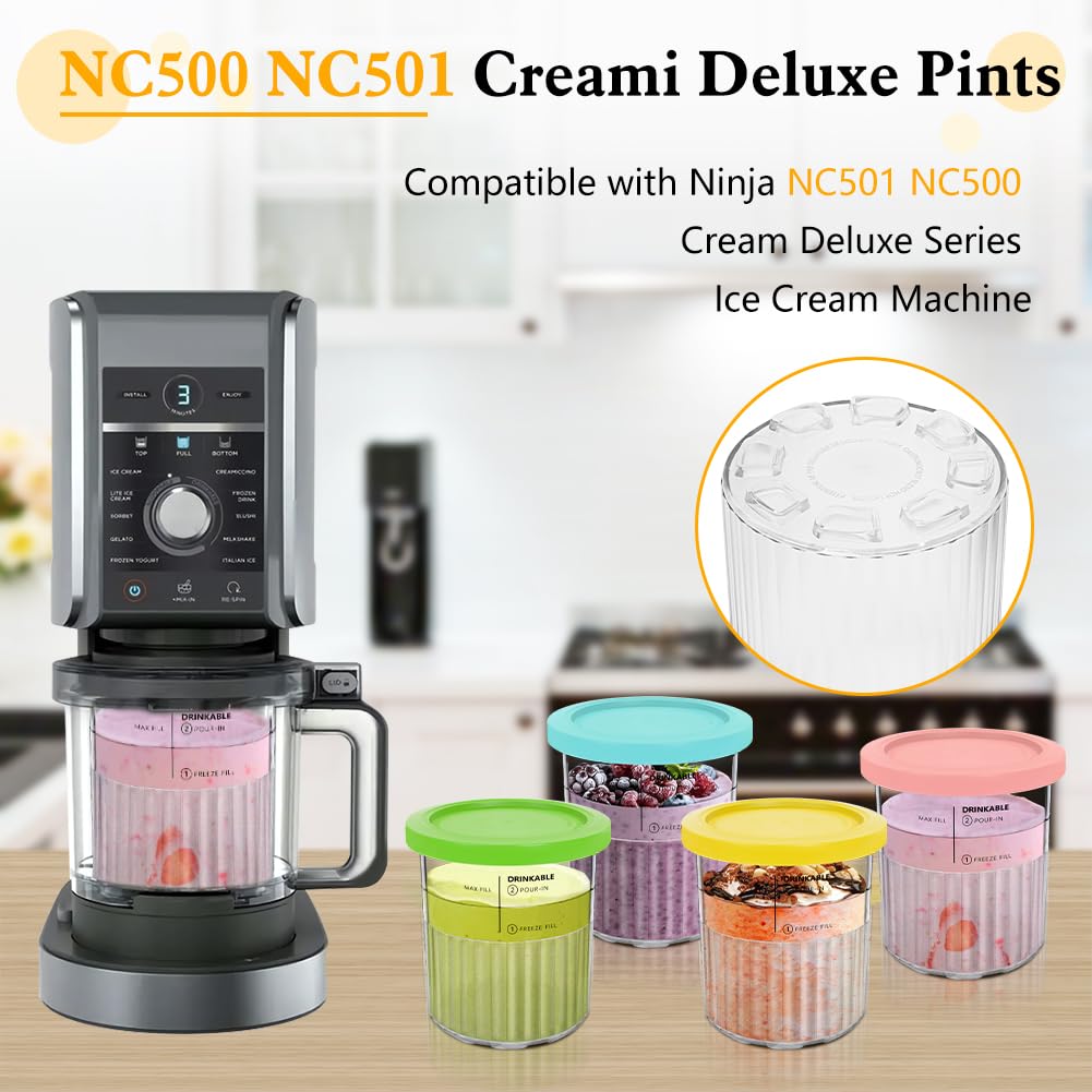 Pojemnik Ninja Creami Deluxe, NC501 NC500 seria 680 ml, maszyna do lodów Ninja, zestaw 4 akcesoriów do maszynki do lodów, nadaje się do mycia w zmywarce, idealny dla miłośników lodów