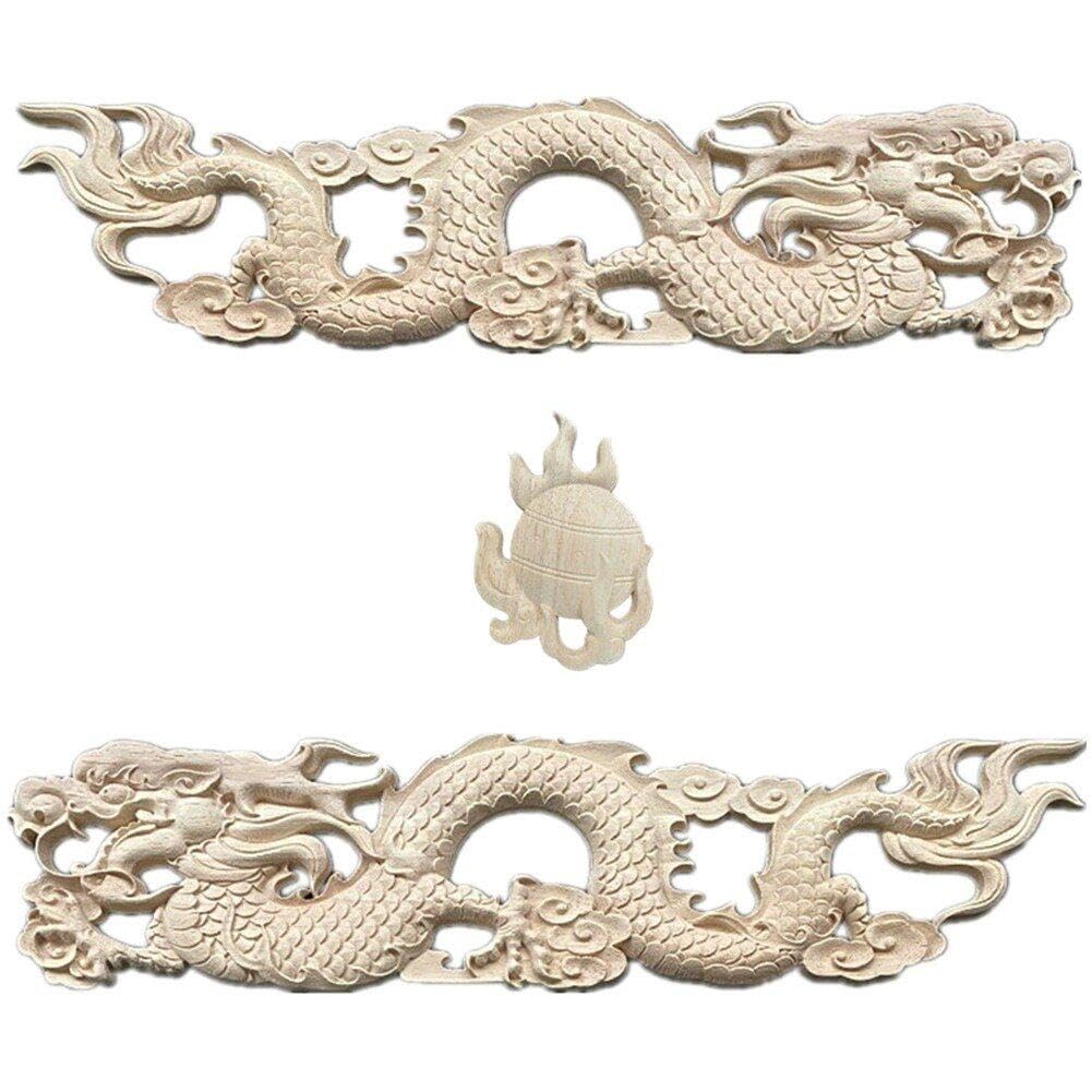 Casiler As Shown 3Pcs Wood Carved Onlay Applique Unpainted Furniture Chinese Traditional Dragon Light Door Decors For Cabinets Windows Cupboards Wall