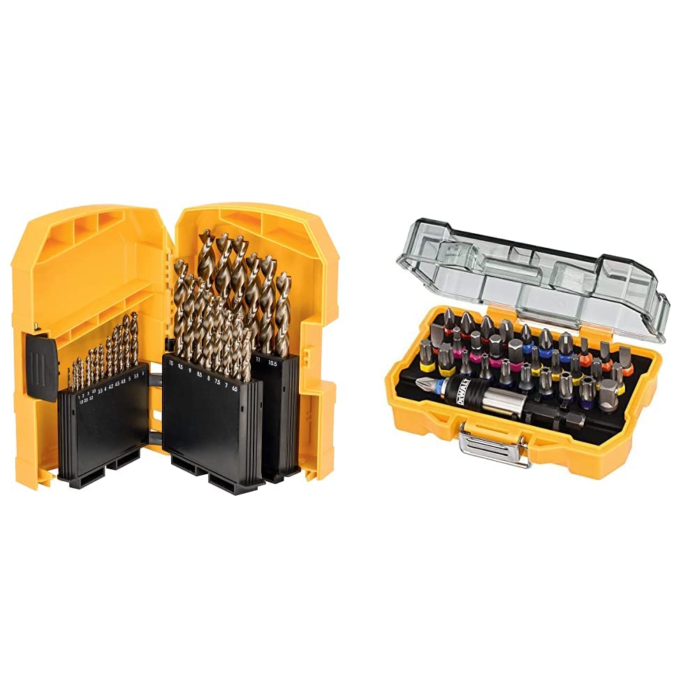 DeWalt DT4957-QZ (Metallbohrer Set EXTREME HSS Co 29-tlg. Ø 1-13 mm, in Kunststoff Case) & 32-tlg. Schrauberbit-Set (für Schraubarbeiten Phillips, Pozi, Slotted, Hex, Torx und Security Torx) DT7969