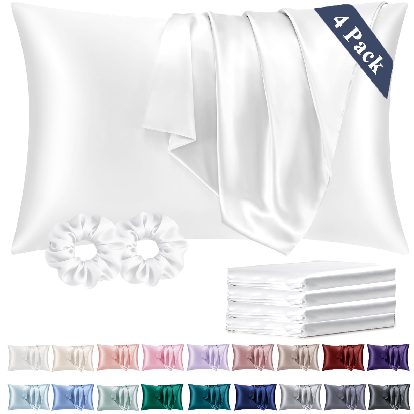 Vielit Standard Satin Pillowcase for Hair 4 Pack, Similar to Silk Pillow Cases, Easier Care Than Silk Pillowcase, Gifts for Women Men - White, 20x26 & Envelope Closure and 2 Satin Scrunchies