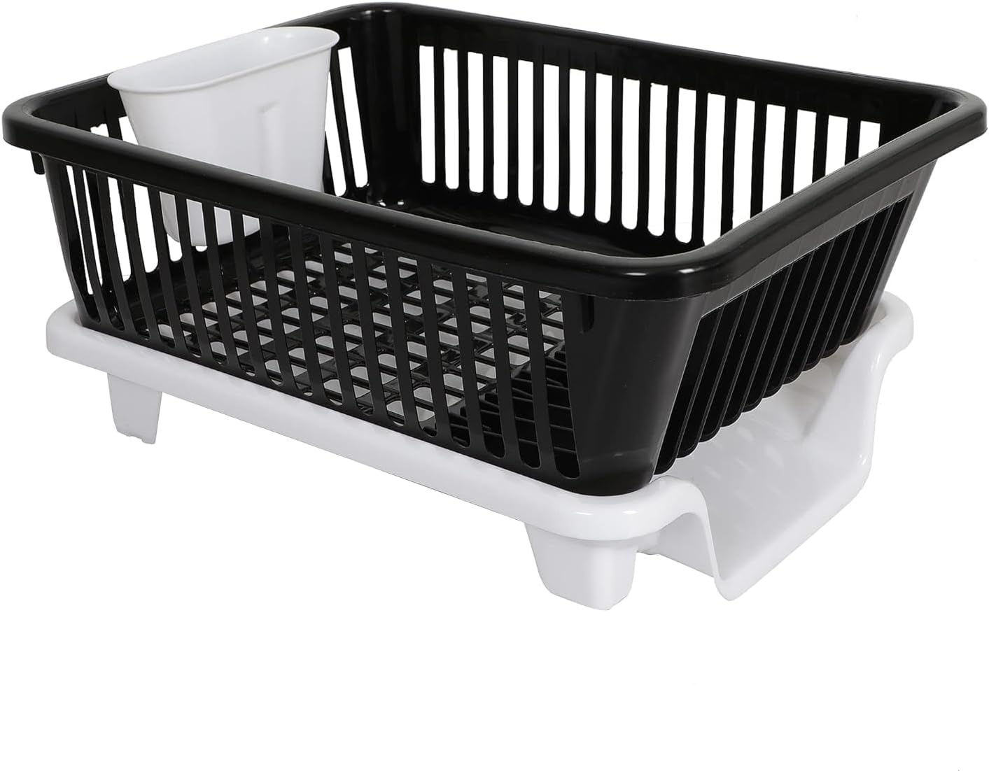 Simparte Dish Drying Rack – 3 in 1 Large Durable Plastic Utensil Basket with Spoon Holder & Removable Dish Drainer Tray | Unbreakable Kitchen Organizer (Black & White)