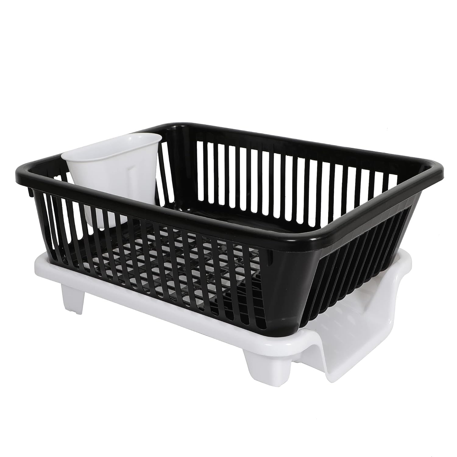 SIMPARTE Dish Drying Rack โ 3 in 1 Large Durable Plastic Utensil Basket with Spoon Holder & Removable Dish Drainer Tray | Unbreakable Kitchen Organizer (Black & White)