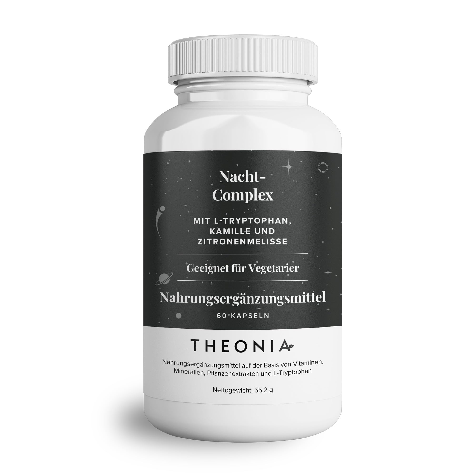 Theonia Nacht-Complex mit 100 mg L-Tryptophan, Kamille & Zitronenbalsam Natürliches Nahrungsergänzungsmittel für Schlaf & Entspannung – 60 Kapseln, gentechnikfrei, vegetarisch