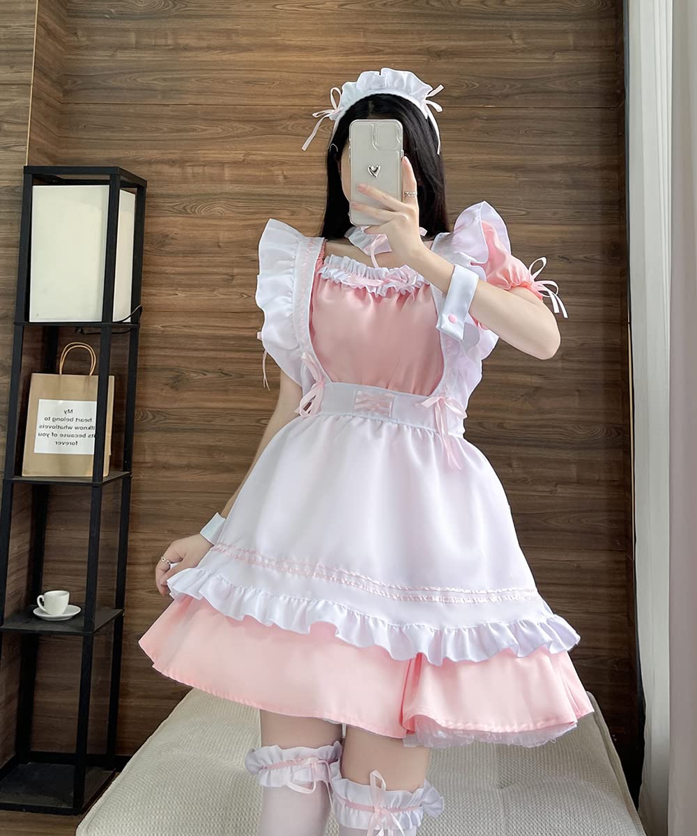 Anime French Maid Dress śliczna sukienka pokojówki Cosplay sukienka na Halloween, kostium pokojówki, zestaw, różowa, rozmiar L