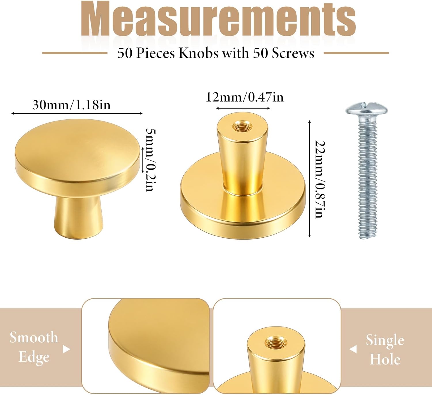 50 Pack Brushed Gold Cabinet Knobs, Round Drawer Pulls Gold Drawer Knobs Golden Knob for Dresser Mushroom Dresser Solid Hardware with Screws for Kitchen Cupboard Bedroom