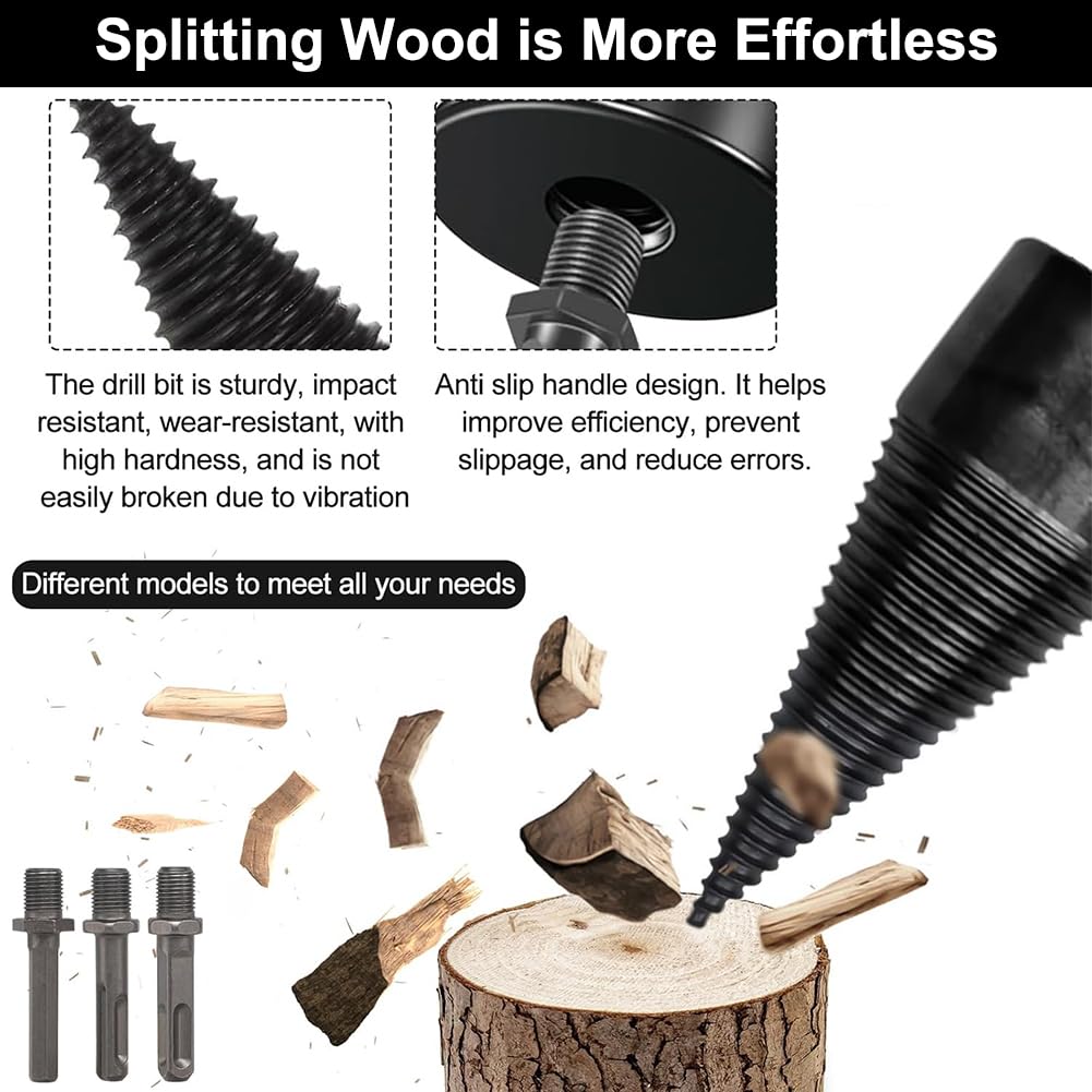 Taladro para madera partidor de madera, Removable Wood Splitter Drill Bits con 3 Asas de Taladro (Hex+Square+Round) Astilladora de Leña Electrica, Broca para Leña, Astilladora de Troncos Broca Cónica