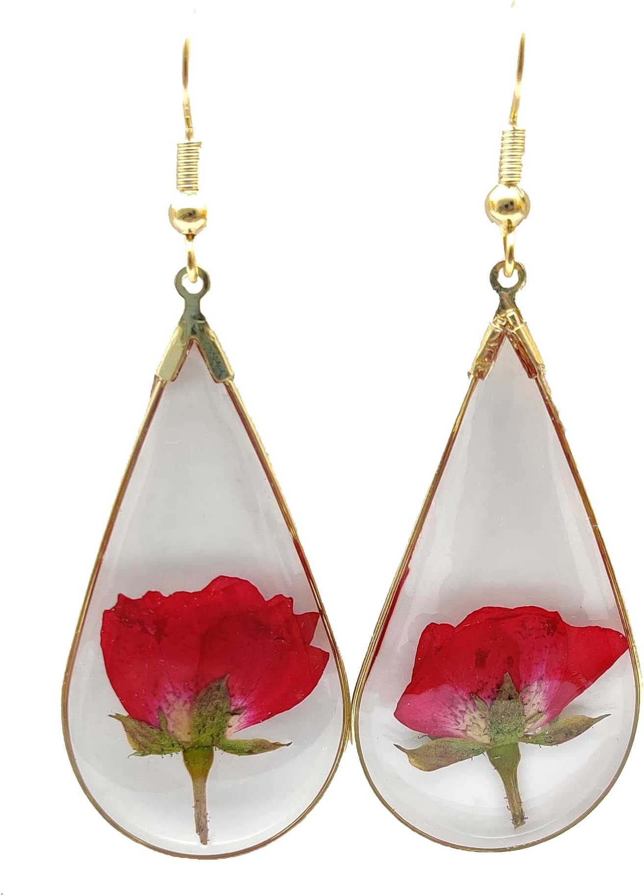 Red Rose Natural Real Flowers Waterdrop Teardrop Resin Gold Plated Drop Dangle Earrings for Women Handmade Love Romantic