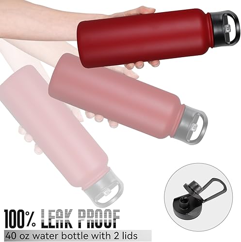 Miniatura 5 de Botella de agua aislada de 40 onzas con pajilla, botellas de agua deportivas de acero inoxidable con 2 tapas (pajilla y tapa de boca ancha),