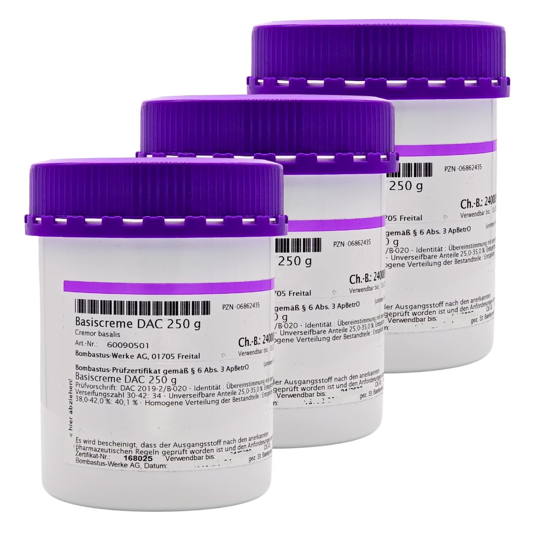 Basiscreme DAC 3x 250 g I Hautpflege I Neurodermitis, Psoriasis, Schuppenflechte, Akne I Trockene Haut I Juckreiz I Subakut-chronisch entzündliche Hauterkrankungen I Spar-Set plus Pharma-Perle