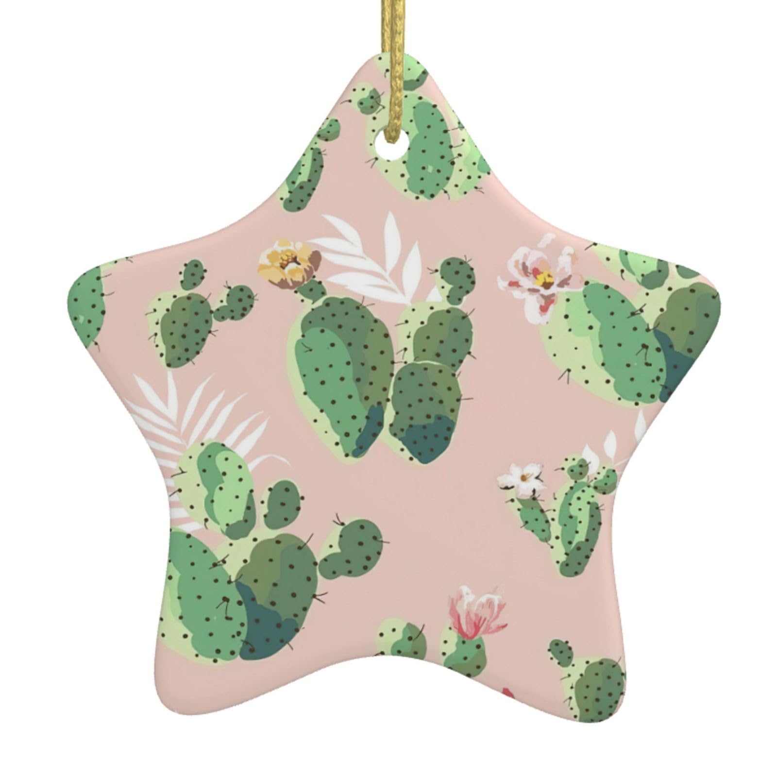 Nbtghga White Cactus Pattern Print Christmas Ornaments, Ceramic Hanging Ornament, Round Shape Decorations