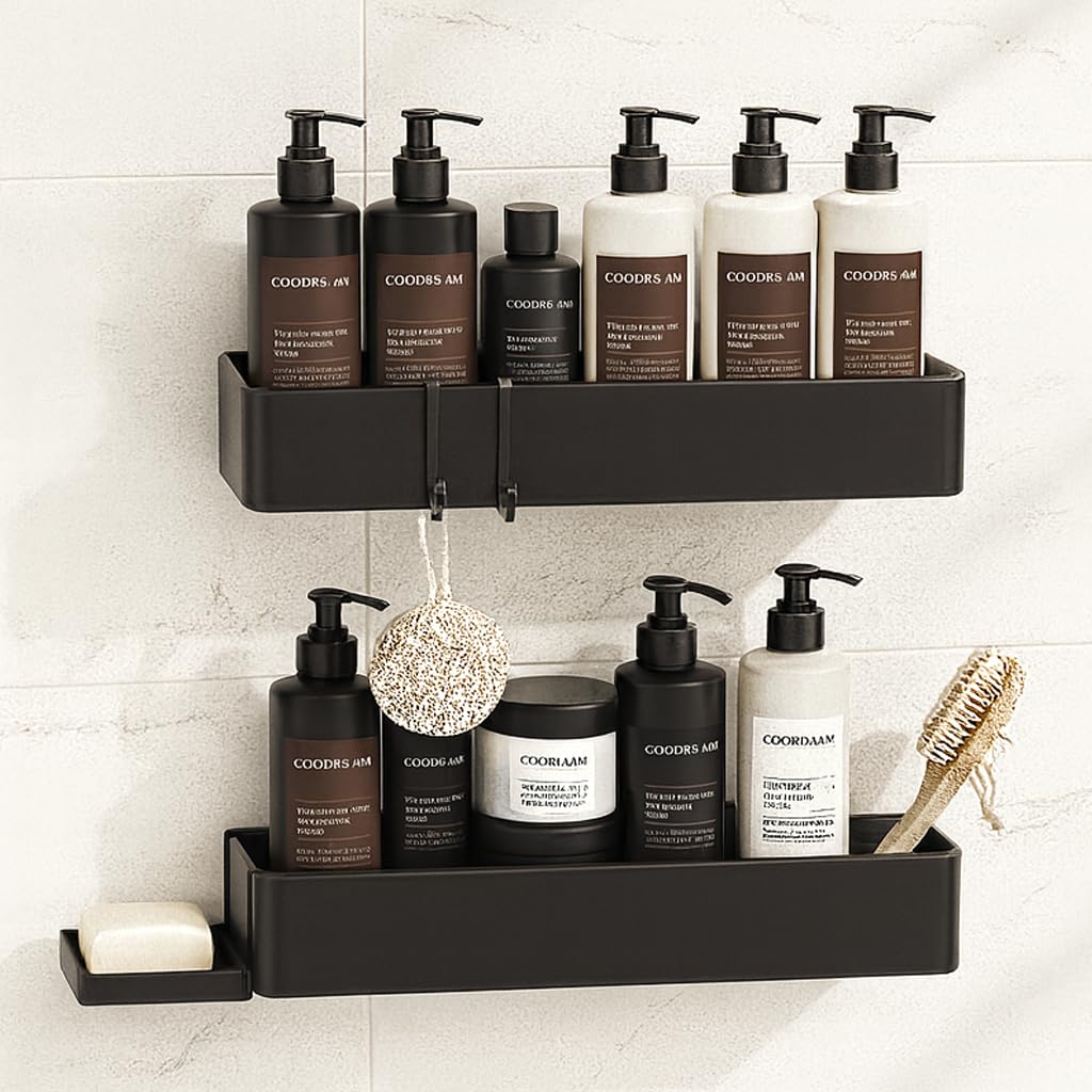 Emanya Adhesive Shower Caddy Bathroom Organizer Shelf 2 Pack No-Drill Wall Mounted Storage with Soap Dish Hooks Rustproof