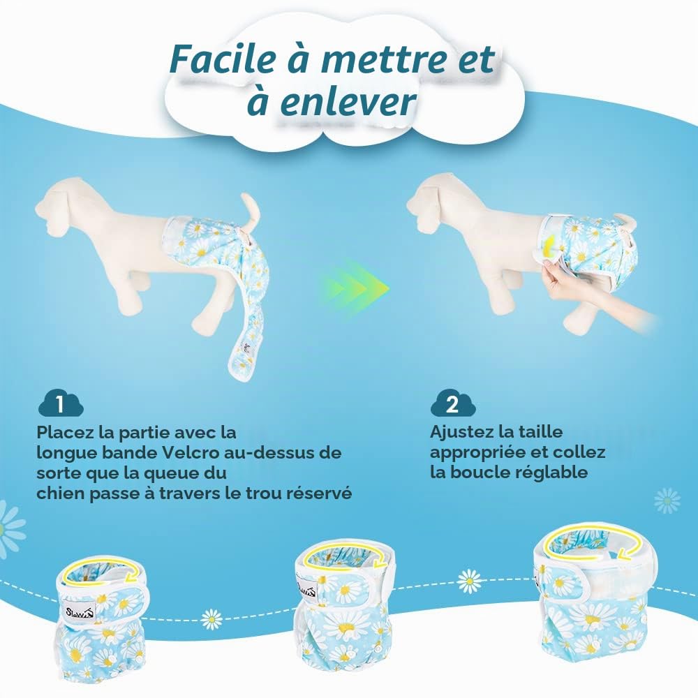 SlowTon Couche de Chien Lavable, 3 Pièces Sans Fuite, Confortable et Réutilisable, Avec Boucle Réglable, Pour Femelle, Miction Irritante à Haute Température