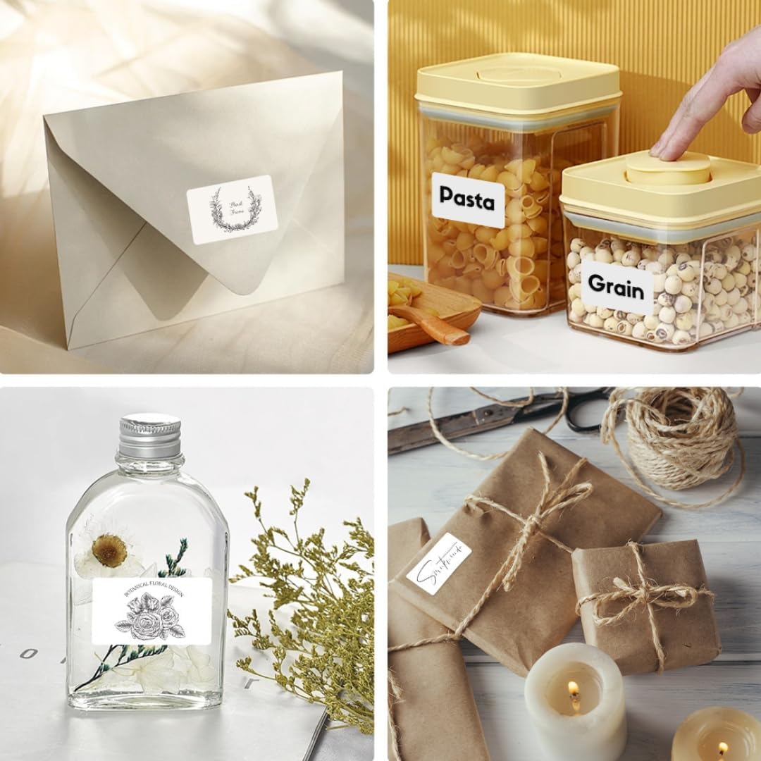 Collage of various scenes where SINMARK labels are used: on an envelope, food storage containers (pasta, grain), a glass bottle, and gift wrapping.