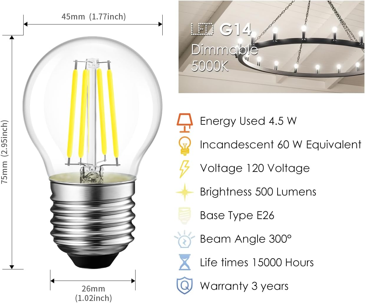 LVWIT Clear Globe G14 LED Light Bulbs Daylight Dimmable G45 Round Short Edison Bulbs, 4.5 W (60W Equivalent) 5000K Small LED Filament E26 Medium Base Bulb for Indoor Chandelier Lightbulb, 6 Pack