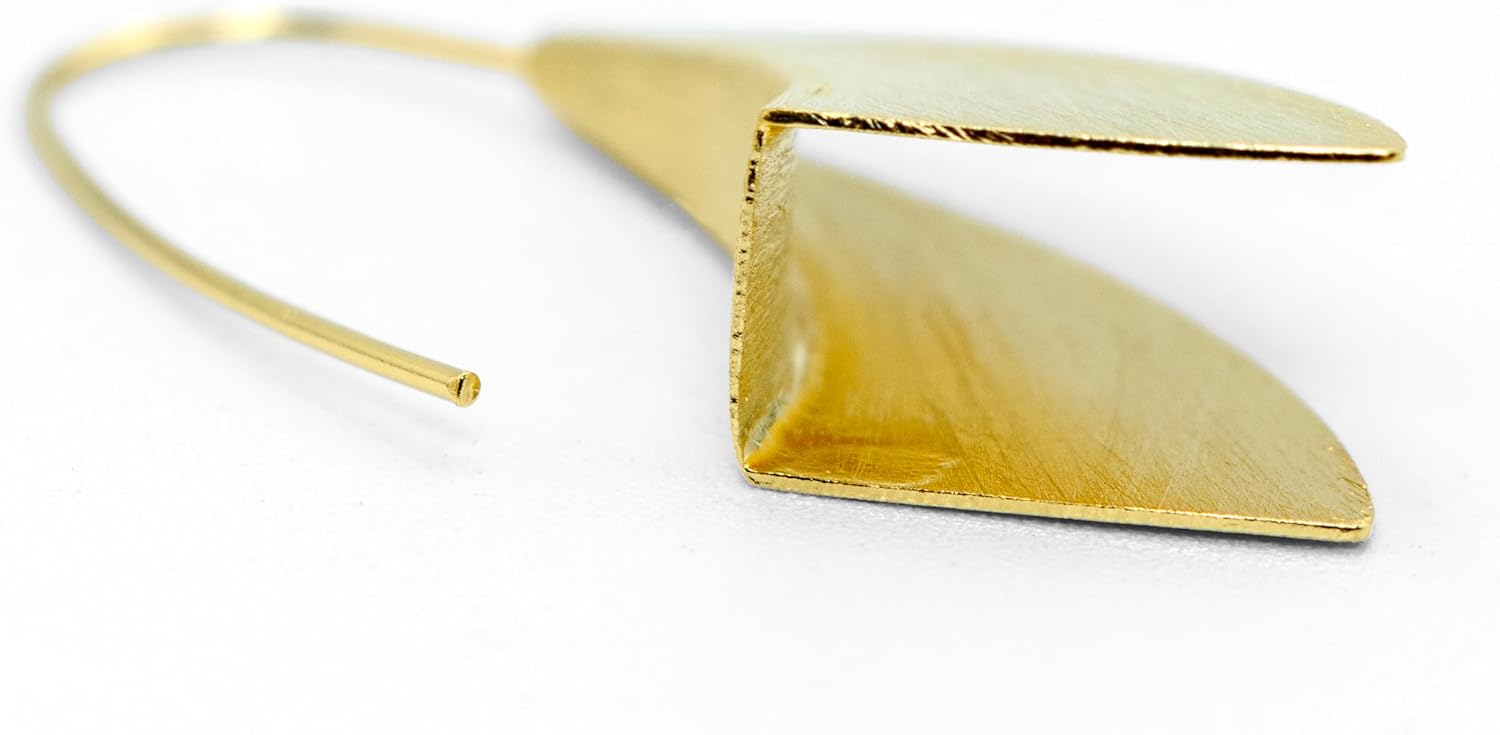 Modern Art Triangle Sculptural Freeform Dangle Drop Statement Earrings, Matte 18k Yellow Gold Plated 925 Sterling Silver, 1.75" Inch Length, Fish Hooks